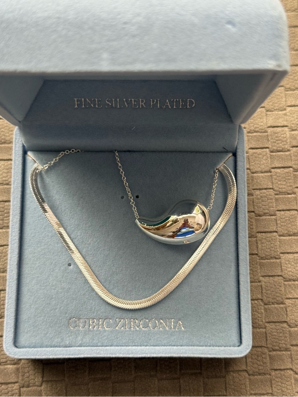 Fine Silver Plated Curved Pendant double boxed Necklace
